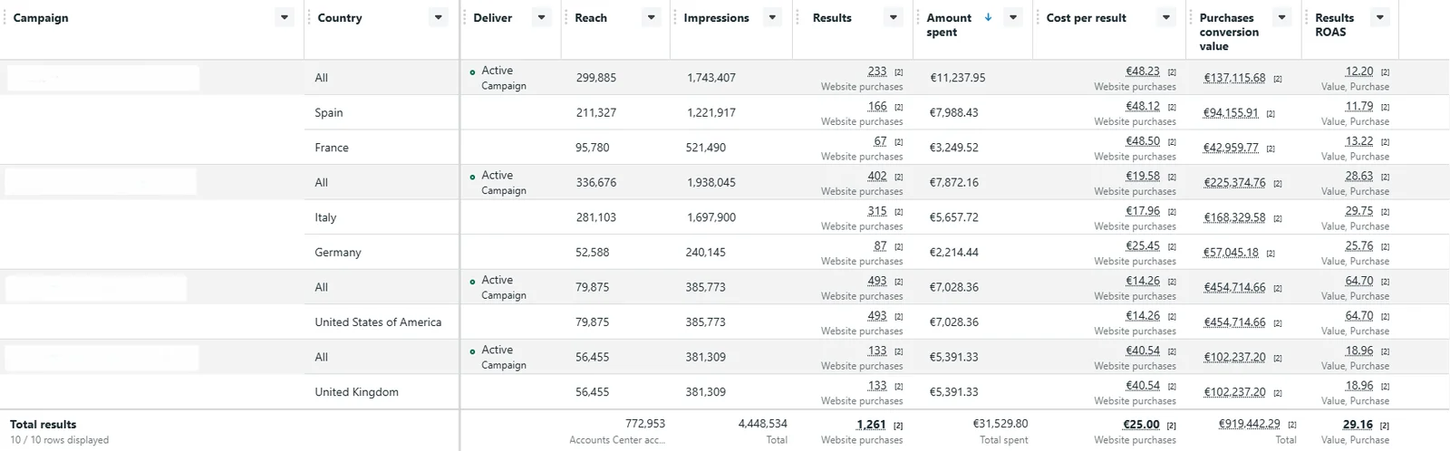 Meta Ads e-commerce campaign report — 1,261 purchases, €919,442 sales value, 29.16 ROAS